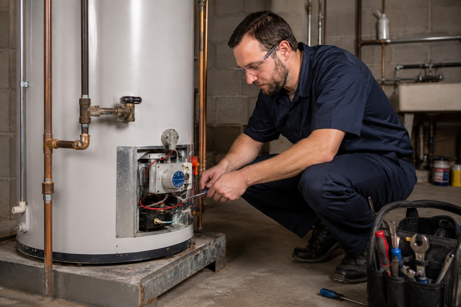 Emergency plumber fixing water heater